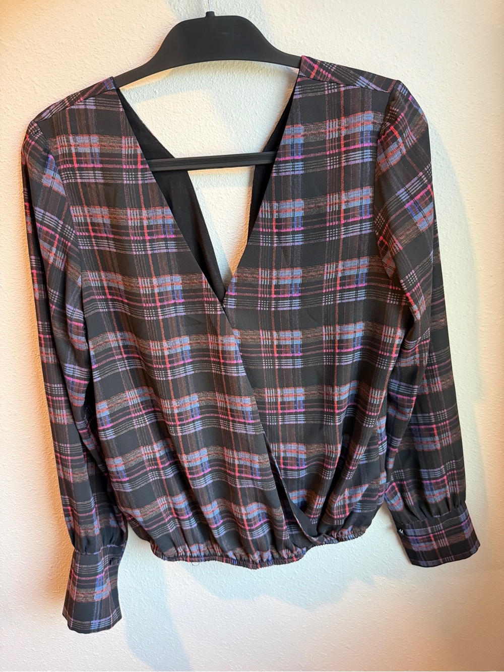 Plaid Faux-Wrap V-Neck Blouse in Black with Pink & Blue